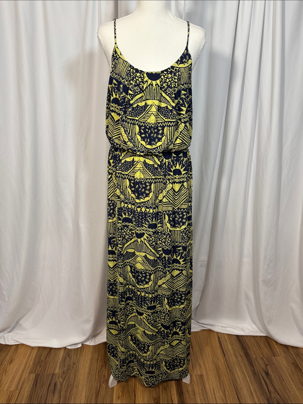 Yellow & Navy Printed Maxi Dress with Spaghetti Straps